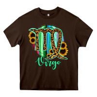 Chocolate Brown Virgo Zodiac Sign Sunflower Leopard Serape Heavy Core Tee - RanaPortraitStore