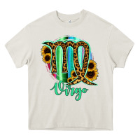 Cream Virgo Zodiac Sign Sunflower Leopard Serape Heavy Core Tee - RanaPortraitStore