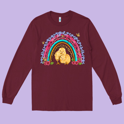 Easter Flowers And Butterfly With Chicks Rainbow Long Sleeve Tee Designed By Artiststas