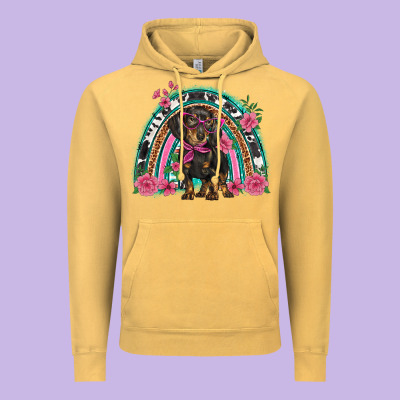 Dachshund Dog Pink  Floral Rainbow Vintage Hoodie Designed By Barkaloodesign
