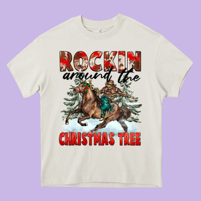 Rockin Around The Christmas Tree Rodeo Heavy Core Tee Designed By Fadigitalartstudio