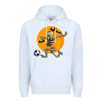 White skeleton soccer player funny halloween blood moon Premium Hoodie - DesignPulse