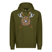 Army Green renaissance fair faire festival medieval theme axe shield Premium Hoodie - DesignPulse