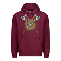 Burgundy renaissance fair faire festival medieval theme axe shield Premium Hoodie - DesignPulse