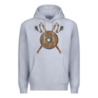 Heather Grey renaissance fair faire festival medieval theme axe shield Premium Hoodie - DesignPulse