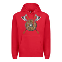 Red renaissance fair faire festival medieval theme axe shield Premium Hoodie - DesignPulse