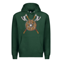 Sports Green renaissance fair faire festival medieval theme axe shield Premium Hoodie - DesignPulse