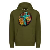 Army Green western turquoise's leopard cross  wooden aztek sunflowers background Premium Hoodie - BarkalooDesign
