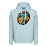Blue Mist western turquoise's leopard cross  wooden aztek sunflowers background Premium Hoodie - BarkalooDesign