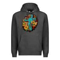 Charcoal Heather western turquoise's leopard cross  wooden aztek sunflowers background Premium Hoodie - BarkalooDesign