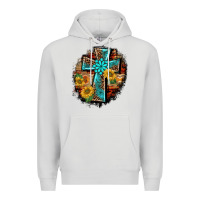 Dove Grey western turquoise's leopard cross  wooden aztek sunflowers background Premium Hoodie - BarkalooDesign