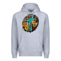 Heather Grey western turquoise's leopard cross  wooden aztek sunflowers background Premium Hoodie - BarkalooDesign