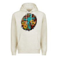 Oatmeal Heather western turquoise's leopard cross  wooden aztek sunflowers background Premium Hoodie - BarkalooDesign