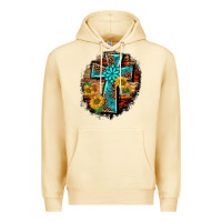 Western Turquoise's Leopard Cross  Wooden Aztek Sunflowers Background Premium Hoodie | Teevron