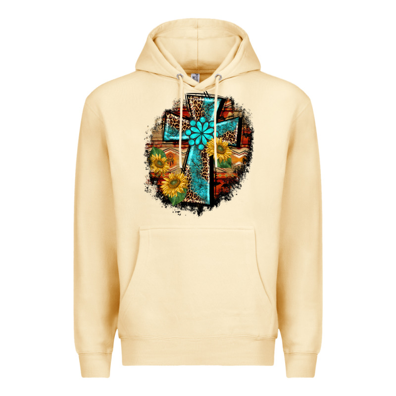 Western Turquoise's Leopard Cross  Wooden Aztek Sunflowers Background Premium Hoodie by BarkalooDesign | Teevron