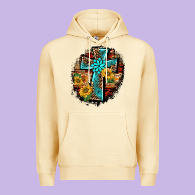 Western Turquoise's Leopard Cross  Wooden Aztek Sunflowers Background Premium Hoodie Designed By Barkaloodesign