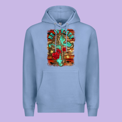 He Is Risen Cross With Roses Background Premium Hoodie Designed By Barkaloodesign