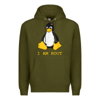 Army Green Linux Mascot Tux the Penguin I Am Root TShirt Men Women Kids Premium Hoodie - PixelFlow