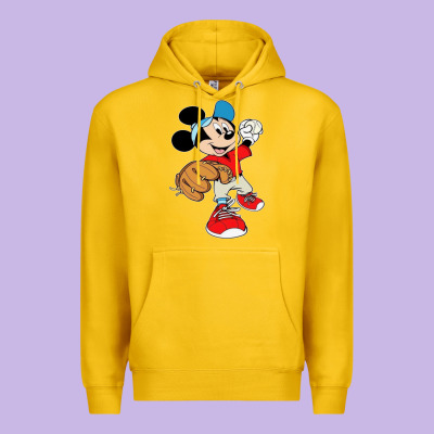 Micky-playing-baseball-cartoon-illustration-- Premium Hoodie Designed By Pixelflow