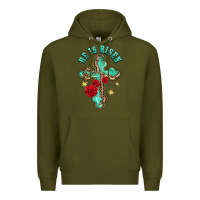 Army Green he is risen cross with roses Premium Hoodie - BarkalooDesign