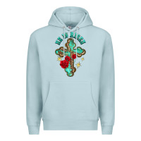 Blue Mist he is risen cross with roses Premium Hoodie - BarkalooDesign