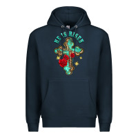 Navy he is risen cross with roses Premium Hoodie - BarkalooDesign