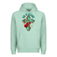 Seafoam he is risen cross with roses Premium Hoodie - BarkalooDesign