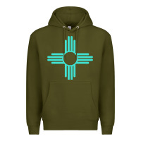 Army Green New Mexico Zia Sun in Turquoise Blue Premium Hoodie - PixelFlow