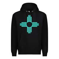 Black New Mexico Zia Sun in Turquoise Blue Premium Hoodie - PixelFlow