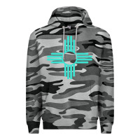 Slate Camo New Mexico Zia Sun in Turquoise Blue Premium Hoodie - PixelFlow