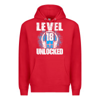 Red Level 18 Unlocked Birthday 18 Years Gamer Premium T Shirt Premium Hoodie - FloraArt