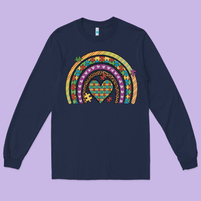 Autism Awareness Heart Leopard Rainbow Long Sleeve Tee Designed By Artiststas