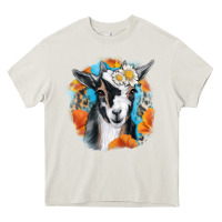 Cream Daisy Goat With Background Heavy Core Tee - RanaPortraitStore