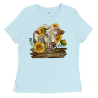 Baby Blue charolais cow with sunflowers Ladies Tee - LillyAllenDesigns