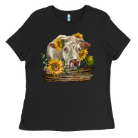 Black charolais cow with sunflowers Ladies Tee - LillyAllenDesigns