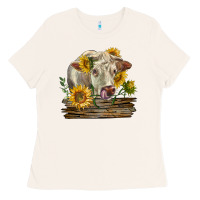 Bone charolais cow with sunflowers Ladies Tee - LillyAllenDesigns