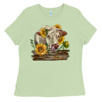 Matcha charolais cow with sunflowers Ladies Tee - LillyAllenDesigns
