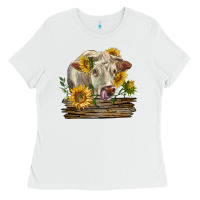White charolais cow with sunflowers Ladies Tee - LillyAllenDesigns