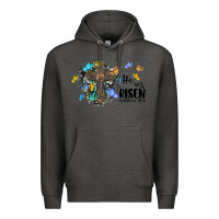 Charcoal Heather he is risen matthew 28 6 cross with butterflies cowhide background Premium Hoodie - BarkalooDesign