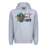 Heather Grey he is risen matthew 28 6 cross with butterflies cowhide background Premium Hoodie - BarkalooDesign