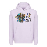 Lilac he is risen matthew 28 6 cross with butterflies cowhide background Premium Hoodie - BarkalooDesign