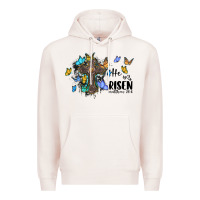 Pale Pink he is risen matthew 28 6 cross with butterflies cowhide background Premium Hoodie - BarkalooDesign
