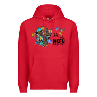 Red he is risen matthew 28 6 cross with butterflies cowhide background Premium Hoodie - BarkalooDesign