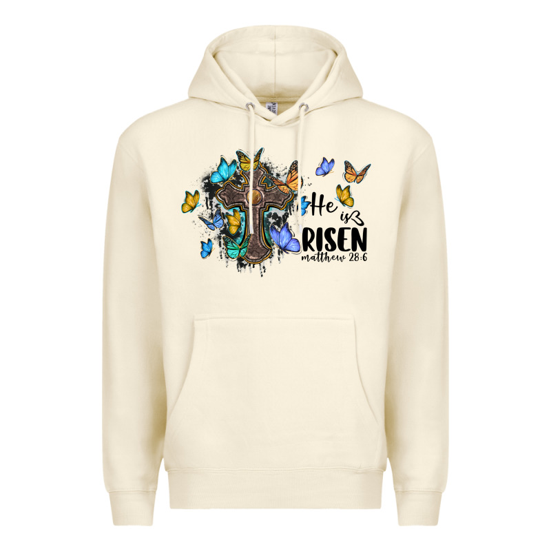 He Is Risen Matthew 28 6 Cross With Butterflies Cowhide Background Premium Hoodie by BarkalooDesign | Teevron