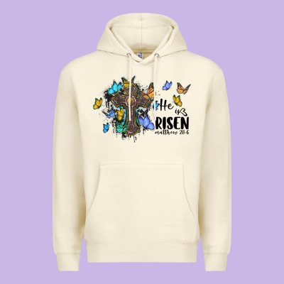 He Is Risen Matthew 28 6 Cross With Butterflies Cowhide Background Premium Hoodie Designed By Barkaloodesign