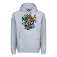 Heather Grey cross with butterflies cowhide background Premium Hoodie - BarkalooDesign