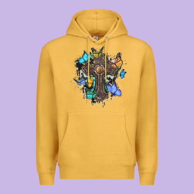 Cross With Butterflies Cowhide Background Premium Hoodie Designed By Barkaloodesign