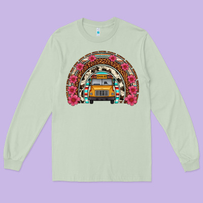 School Bus Leopard Cowhide Rainbow Long Sleeve Tee Designed By Artiststas