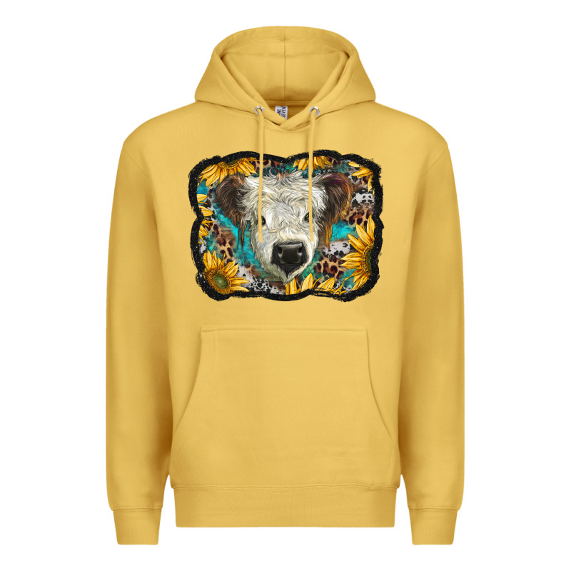 White Scottish Calf With Sunflowers Western  Background Premium Hoodie by BarkalooDesign | Teevron