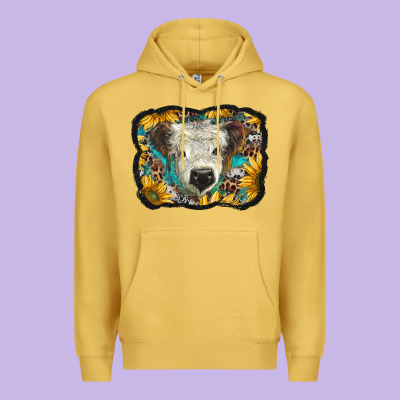 White Scottish Calf With Sunflowers Western  Background Premium Hoodie Designed By Barkaloodesign